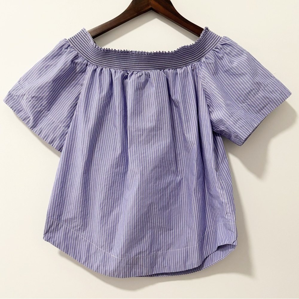 J. Crew Striped Off-Shoulder Blouse Womens Size 4 Blue White Short Sleeve Cotton